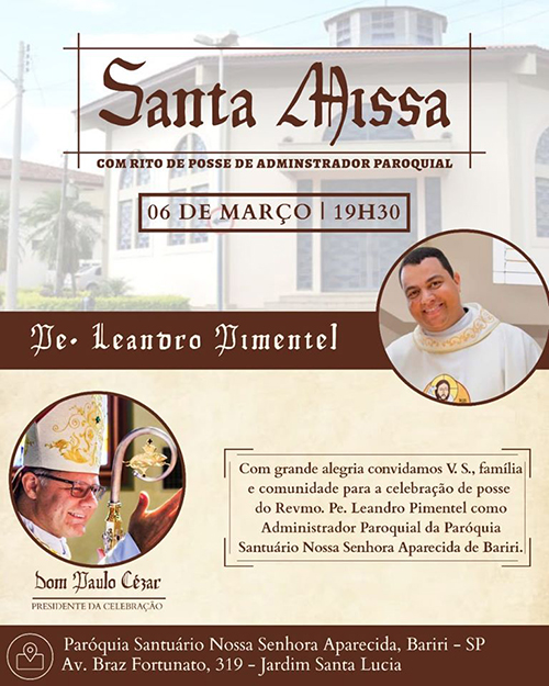 Padre Leandro toma posse no Santuário sexta-feira