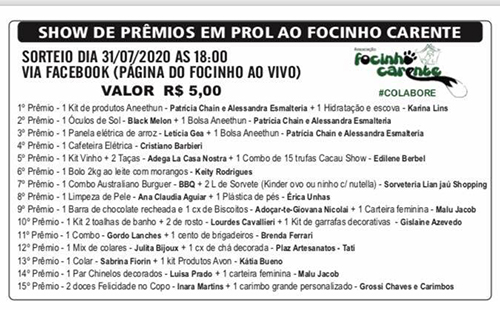 Focinho Carente realiza sorteio para arrecadar recursos