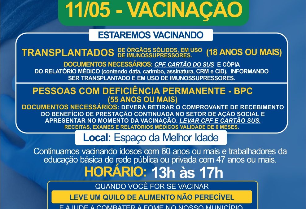 BARIRI: Transplantados e pessoas com deficiência permanente podem ser vacinados contra Covid-19 nesta terça-feira (11)