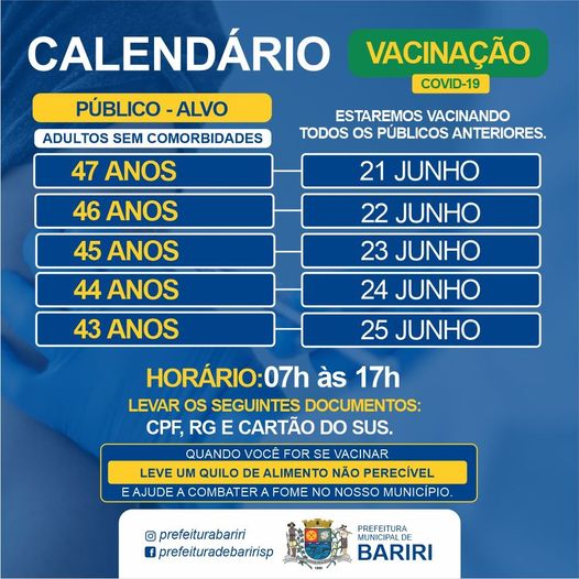 Covid-19: Bariri vacina pessoas de 43 a 47 anos sem comorbidades