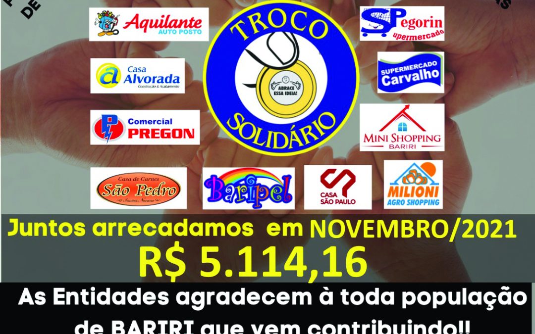 Troco Solidário: cada entidade recebeu R$ 639,27 em novembro