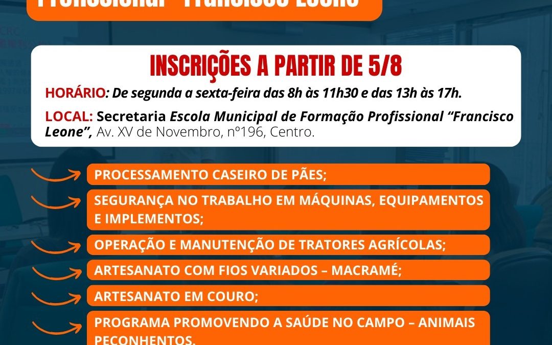 Bariri: Escola Municipal de Formação Profissional Francisco Leone abre inscrição para cursos a partir de segunda-feira