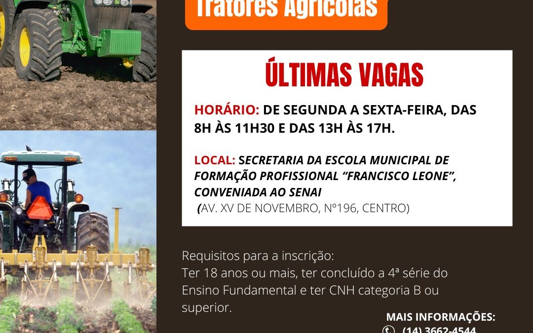 Educação: Estão abertas inscrições para curso de Operação e Manutenção de Tratores Agrícolas