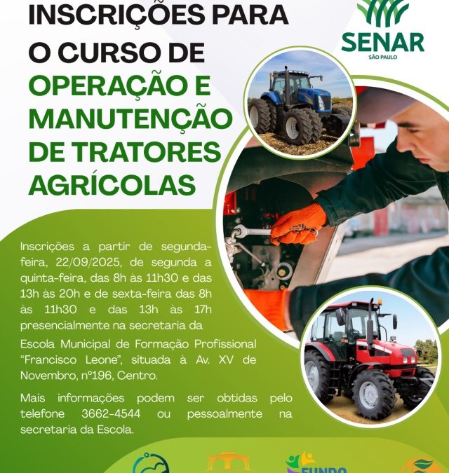 Cidade: Abertas inscrições para curso de operação e manutenção de tratores agrícolas