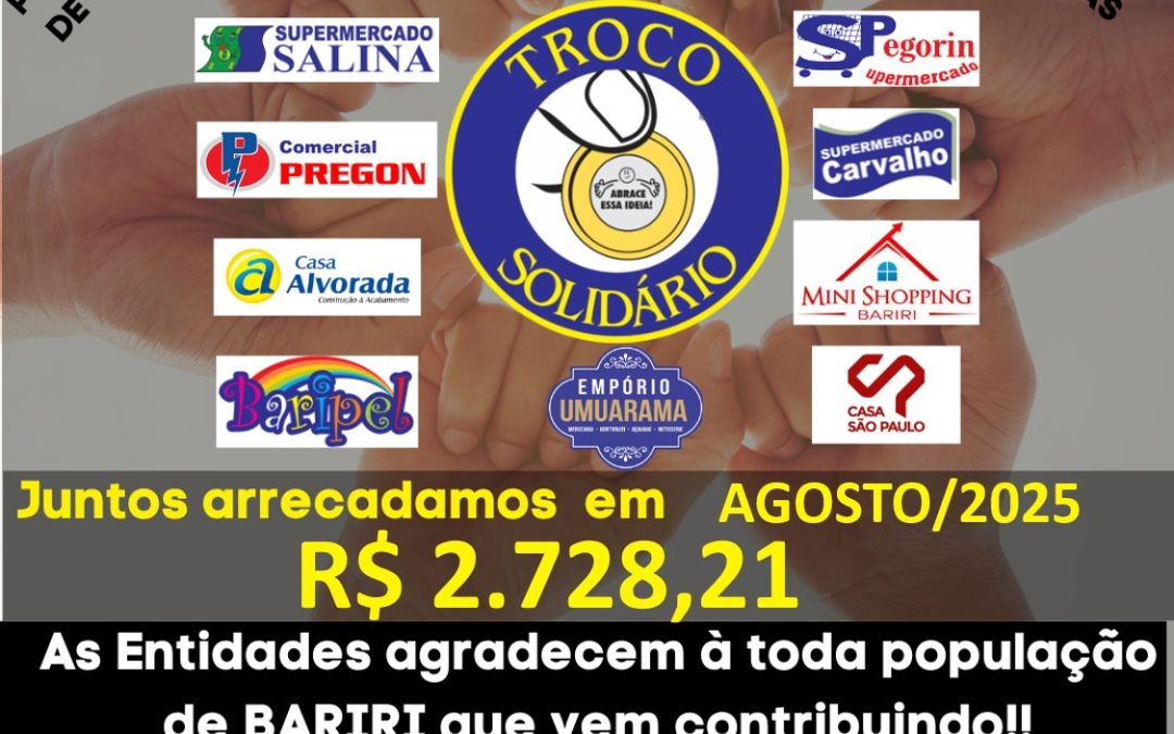 Cidade: Troco Solidário: agosto rendeu R$ 341,03 para cada entidade