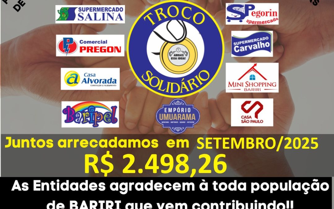 Troco Solidário: setembro rendeu R$ 312,28 para cada entidade