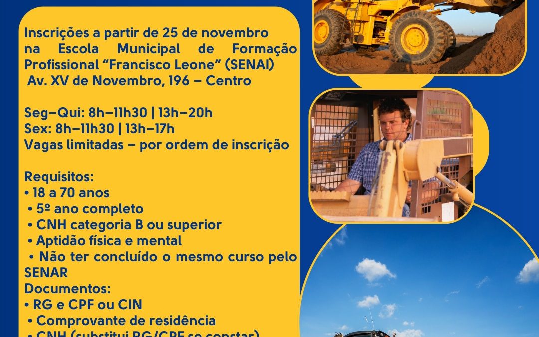 Educação: Curso de Operação de Pá Carregadeira está com inscrições abertas