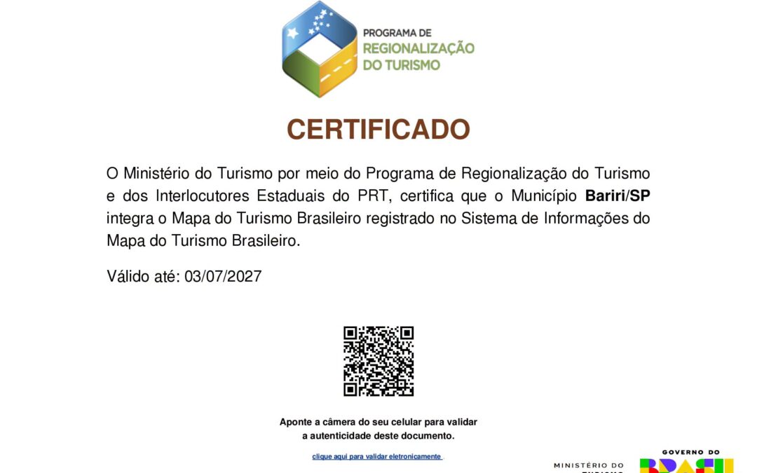 Economia: Bariri recebe certificado de integrante do mapa de turismo brasileiro