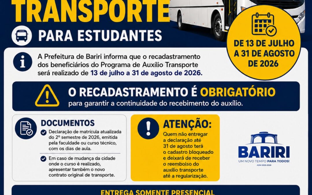Cidade: Recadastramento do auxílio transporte começa em 13 de julho